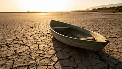 Abandoned rowboat resting on a cracked lake bed at sunset long raking shadows heat haze and dusty texture stark drought story with open copy space for climate and environment topics.