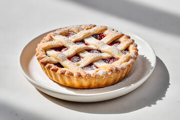 Minimalist Heroic Editorial Photograph of Freshly Baked Pie with Lattice Crust on Elegant Plate in Natural Light