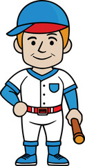 Cartoon baseball player in a white and blue uniform with a cap holds a bat, smiling confidently. The tone is cheerful and sporty.