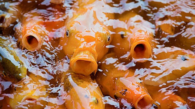close up of a group of hungry kois