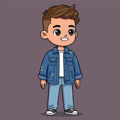 A cheerful cartoon boy with stylish hair is standing and smiling while wearing a denim jacket and jeans. © bima