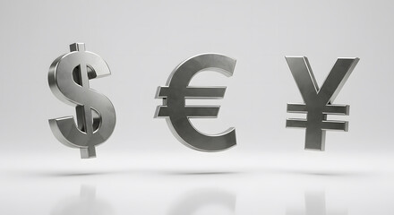 3D icons of global currency symbols dollar, euro, yen in metallic colors depict the interconnected global financial system