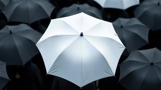 White Umbrella Standing Out Among Black Umbrellas. Ideal for illustrating concepts of individuality, leadership, uniqueness, and creative thinking in business or personal growth presentations