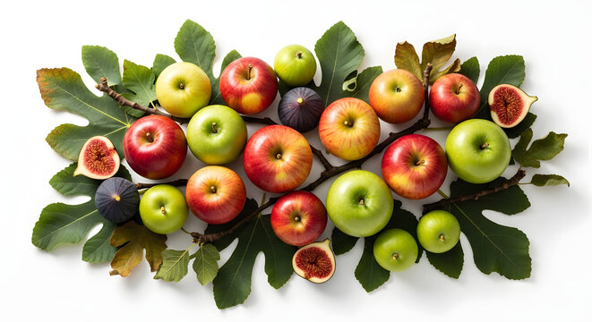 Arrangement of Italian apples with fig leaves and branches