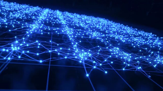 A dynamic blue network of glowing nodes connected by luminous lines, forming a digital design
