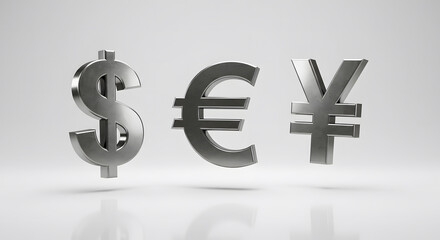 3D icons of global currency symbols dollar, euro, yen in metallic colors depict the interconnected global financial system