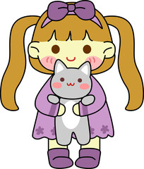  Kawaii Girl Holding Cute Cat Pet Vector Illustration 