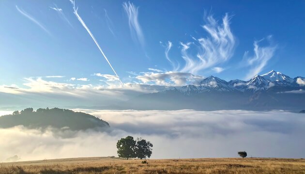 Aerial view with dramatic sky and snow-capped mountains