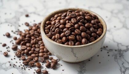 Fototapeta premium Roasted coffee beans in a bowl scattered on a marble surface perfect for coffee shops and food blogs
