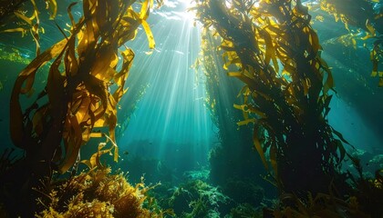 Underwater kelp forest cathedral with golden sun shafts piercing clear water marine habitat serenity with rich texture and generous copy space