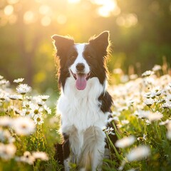 Happy black and white dog amidst vibrant daisies in sunny, natural light