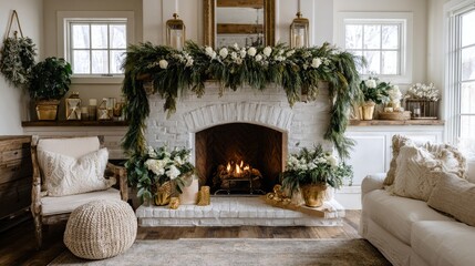 Elegant house Christmas decor with cedar garland on white fireplace, cozy festive interior with warm lights, pine branches, ornaments and natural holiday atmosphere in modern home