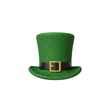 Green felt leprechaun top hat with black leather band and brass buckle, St Patrick's Day costume accessory isolated on white background