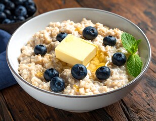 Healthy breakfast of cooked oats, fresh berries, butter, and mint