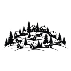 Obraz premium Charming winter village scene with snow-covered houses and evergreen trees on rolling hills
