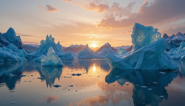 Icebergs floating in Jokulsarlon glacier lagoon at sunset Iceland a serene landscape reflecting the golden hour light - Powered by Adobe