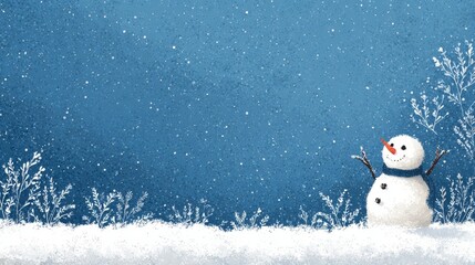 Blue winter background with white snow border and cheerful snowman in right corner, festive seasonal design for Christmas and New Year themes, cold frosty atmosphere with clean minimal composition