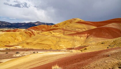 Painted clay hills banded in reds and golds after rain saturated mineral tones under soft overcast sky refined geology composition with generous copy space