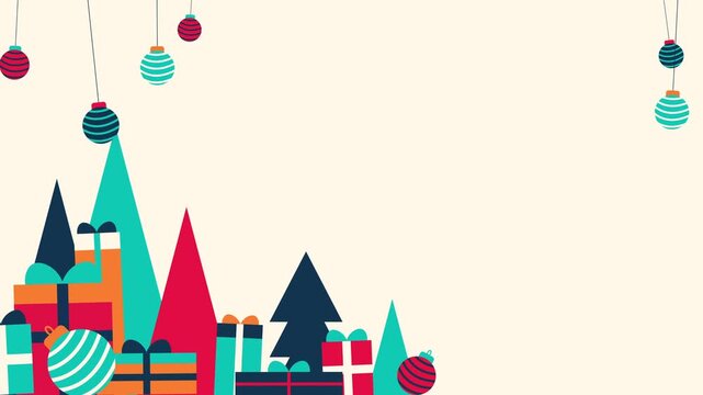 Minimalist Christmas Flat Animation with Gifts and Ornaments, Holiday Copy Space Background Loop