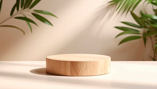 ディスプレイ用の木製の円柱の台座　空白の空間とシンプルな木の葉の背景　化粧品・スキンケア商品・展示の台