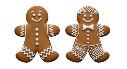 Two gingerbread men cookies for Christmas holiday baking isolated PNG with Transparent Background