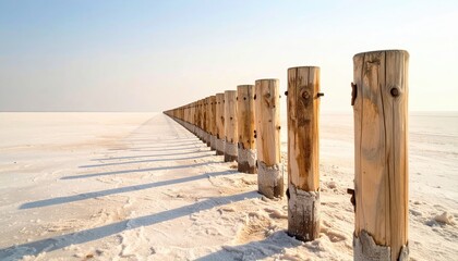 Sun bleached wooden pier posts march across a salt encrusted lakebed under heat haze stark drought landscape with long perspective and generous copy space