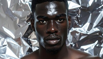 Intense portrait of a dark-skinned person with glistening skin, metallic backdrop