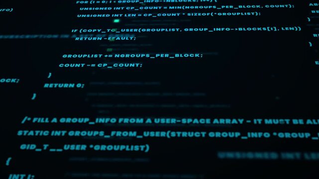 A dynamic motion graphic of abstract code and digital data flowing across the screen with a subtle glitch and distortion effect.