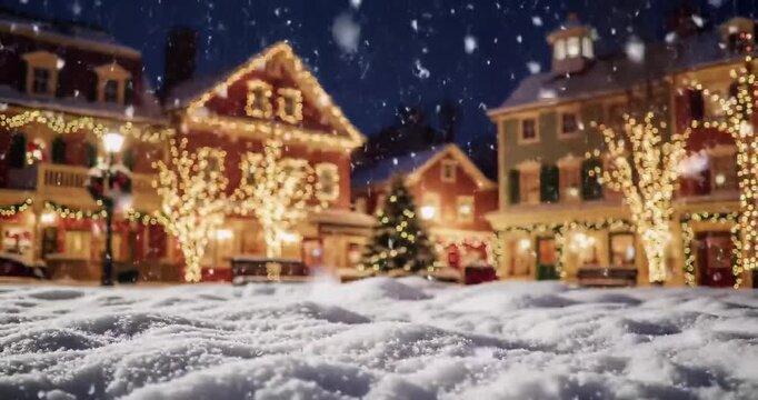 Charming, snow-covered town square is beautifully decorated with festive Christmas lights and a tall evergreen tree.