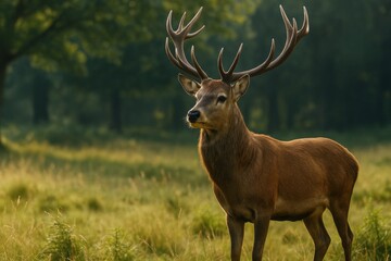 Majestic deer standing in sunlit forest meadow with lush green background and soft natural light, showcasing wilderness beauty and calm atmosphere. Ai generative