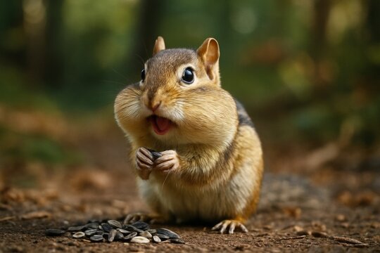 Cute chipmunk with full cheeks holding sunflower seed on forest floor with blurred background and natural light, looking surprised. Ai generative. Ai generative