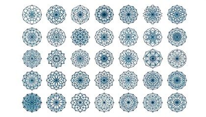 Collection of ornate, symmetrical, circular, geometric blue patterns on white