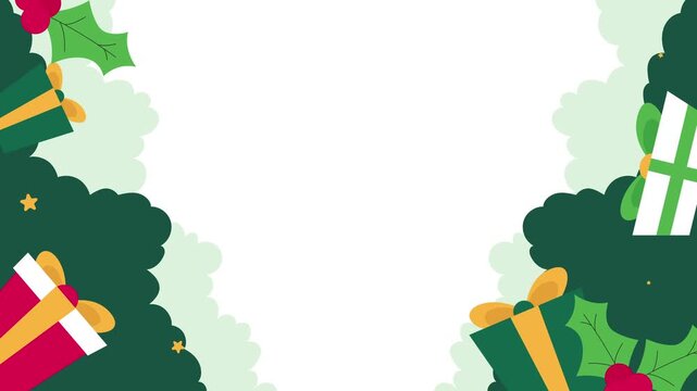 Minimal flat Christmas animation with decorated tree and gift boxes, perfect for festive greetings or holiday promo videos with copy space.