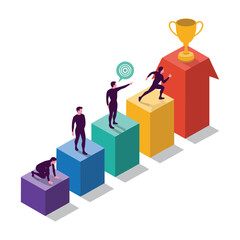 Isometric figures climbing colorful blocks towards golden trophy on arrow business success