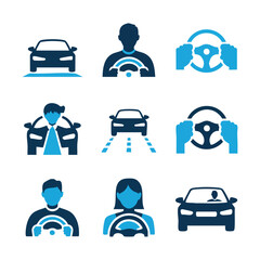 Set of nine blue and dark blue car driving icons and symbols steering wheel driver