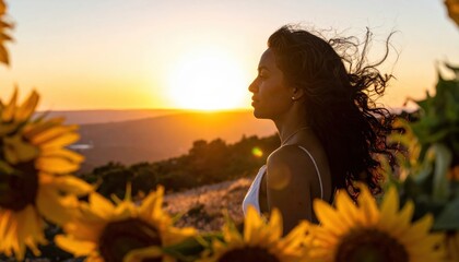 Silhouette of a woman on a ridge at golden hour framed by a sunflower garland warm backlight halo and calm field mood with generous copy space for lifestyle and editorial uses