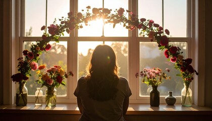 Woman silhouette seated at a window a row of bud vases on the sill forming a floral arc natural morning backlight airy minimal scene with ample copy space