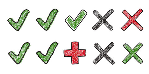 Obraz premium Hand-drawn Checkmarks, Crosses, and Plus Sign; Green, Red, and Black Scribbled Symbols