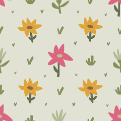 Cute Ditsy Floral Seamless Pattern. Yellow, pink