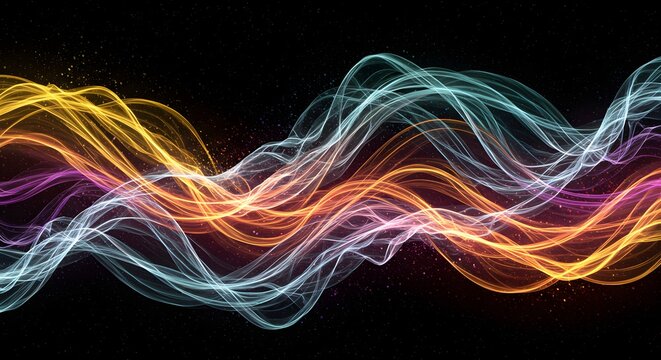 Abstract digital artwork of colorful glowing wavy lines against a black background