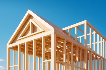 Wooden house frame structure under construction with triangular roof design and clear blue sky in background, showcasing architectural detail and light..