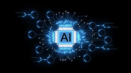 Futuristic artificial intelligence chip glowing with blue light on a dark background ,Abstract artificial intelligence network with binary code, Machine learning and data processing system. - Powered by Adobe