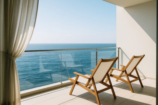 Two modern wooden deck chairs on a tiled balcony facing the ocean under soft sunlight, minimal architecture with serene background and bright light. Ai generative