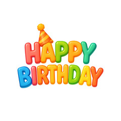 Rainbow 3d happy birthday lettering with party hat colorful balloon text PNG file on transparent background