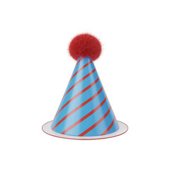 3D blue striped party hat with red pom‑pom realistic birthday cone in png format