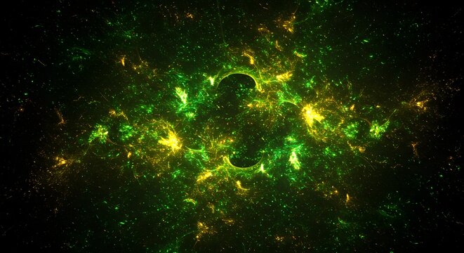 Abstract digital artwork of green and gold fractal patterns and scattered light