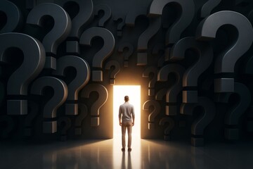 Man standing in front of glowing doorway surrounded by giant dark question marks symbolizing decision-making and clarity in uncertainty concept.