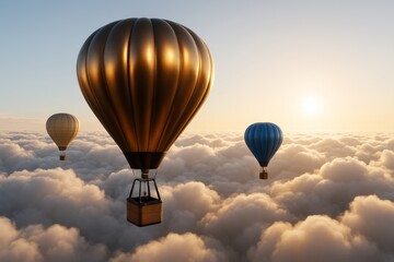 Obraz premium Hot air balloons floating above clouds during golden sunrise with soft light and dreamy atmosphere in surreal scenic background concept.