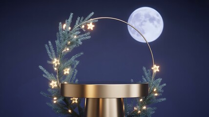 Golden podium with christmas wreath and glowing stars under full moon night background
