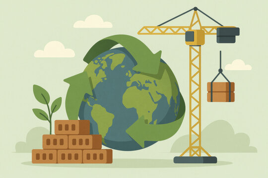 Sustainable construction promotes circular economy, showcasing globe with recycling arrows, crane, and building materials, symbolizing eco friendly practices in construction